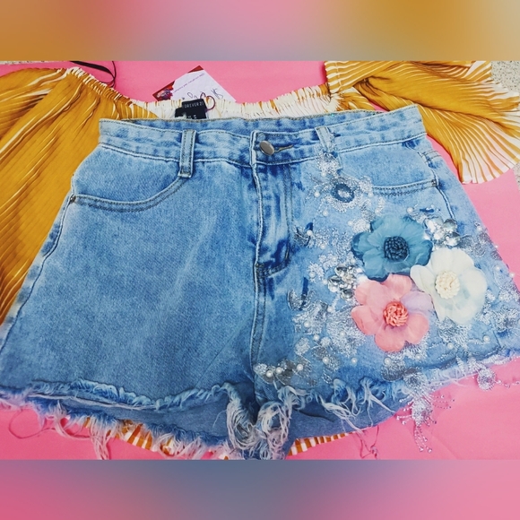 Siren's Collection Pants - Embellished Floral Denim Shorts